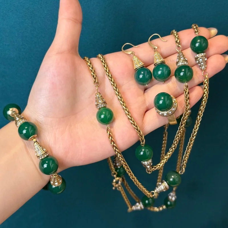 Vintage Green Agate Lamp Bulb Long Pendant Jewelry Sets Luxury Natural Stone Necklace Bracelet Earrings Ring Trendy Gift New