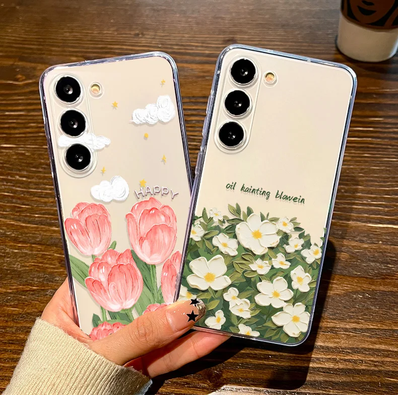 Oil Painting Tulip Flower Phone Case For Samsung Galaxy S25 S24 S23 S22 Ultra Plus Clear Cover S25+ S22+ S23+ S24+ Shell Fundas