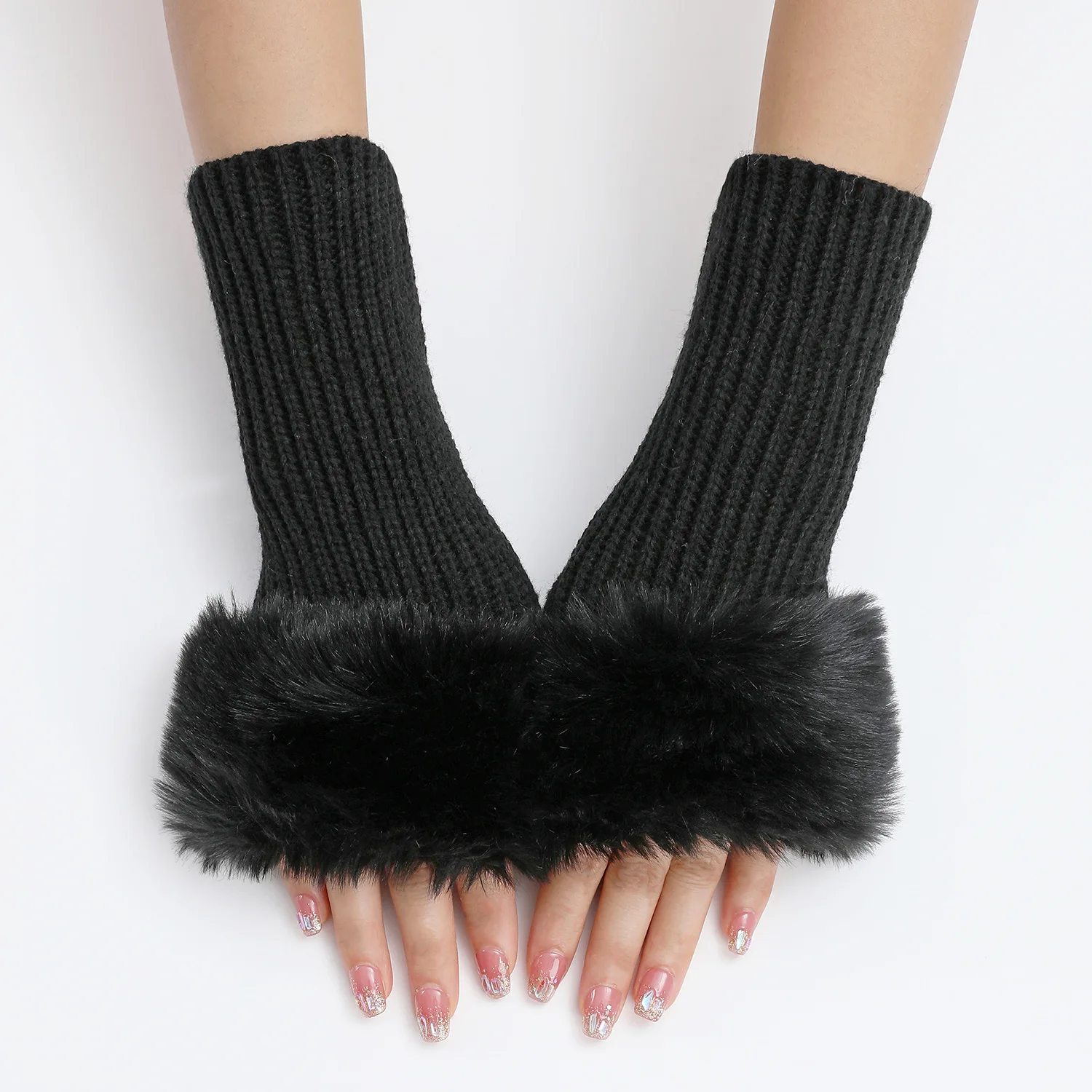 Trendy Short Fuzzy Gloves for Women Winter Warm Knitted Gloves European Style Fine Line Design Fashionable