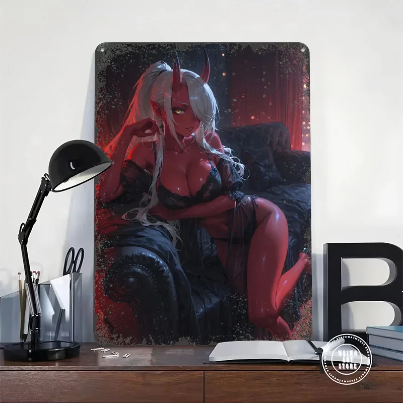Red-skinned Demon Girl on a Couch Poster Customized Wall Art Vintage Metal Signs Retro Tin Plaque for Man Cave Decoration Gaming