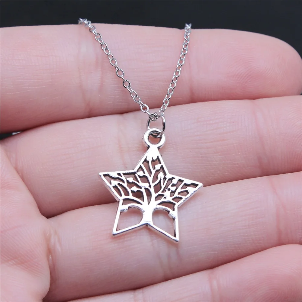 Drop Shipping Antique Silver Color 21x23mm Pentagram Tree Necklaces Short Chain Choker Necklaces