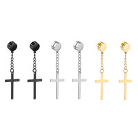 Punk Cross Pendant Tassel Stainless Steel Earrings Magnet Fashion Geometric Clip Ear Jewelry Party Gifts For Women Men