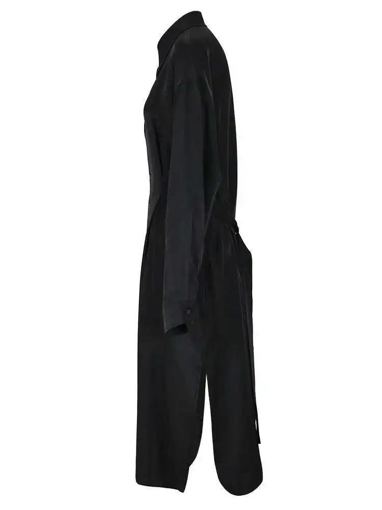 Bjtz preto tamanho grande plissado blusa longa feminina nova lapela manga longa solto ajuste camisa moda maré primavera outono 2025