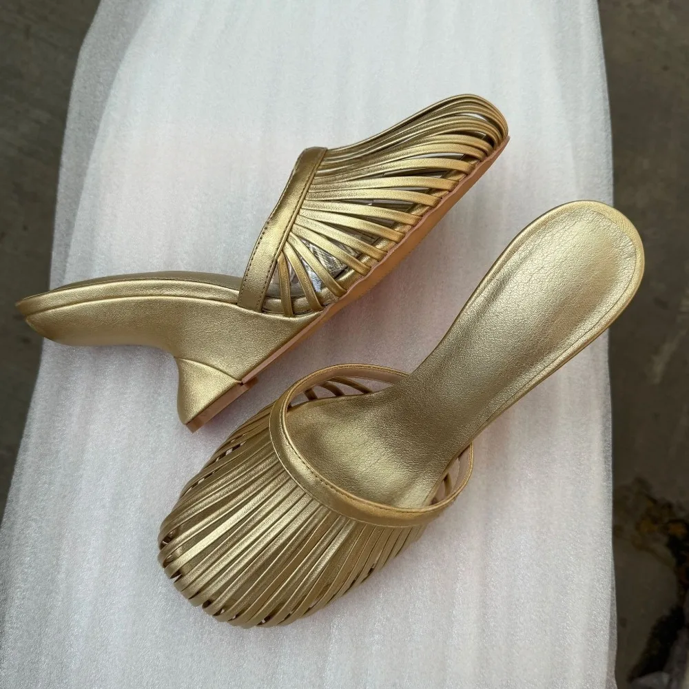 2026 Summer Women Metallic Strap Cutout Wedge Heel Mules Round Toe Slip on High Heel Plus Size Party Sandals - view 5
