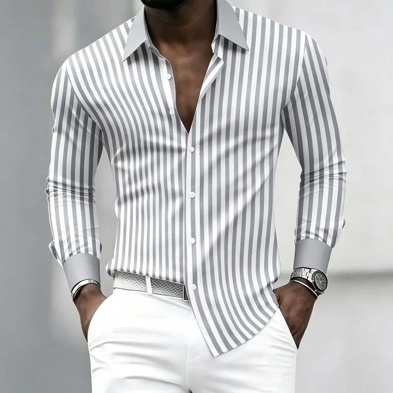 Men's long-sleeved Collared Shirt With Black And White Vertical Stripes  Contrasting Collar And Cuff Design  Neat And Slim fit.