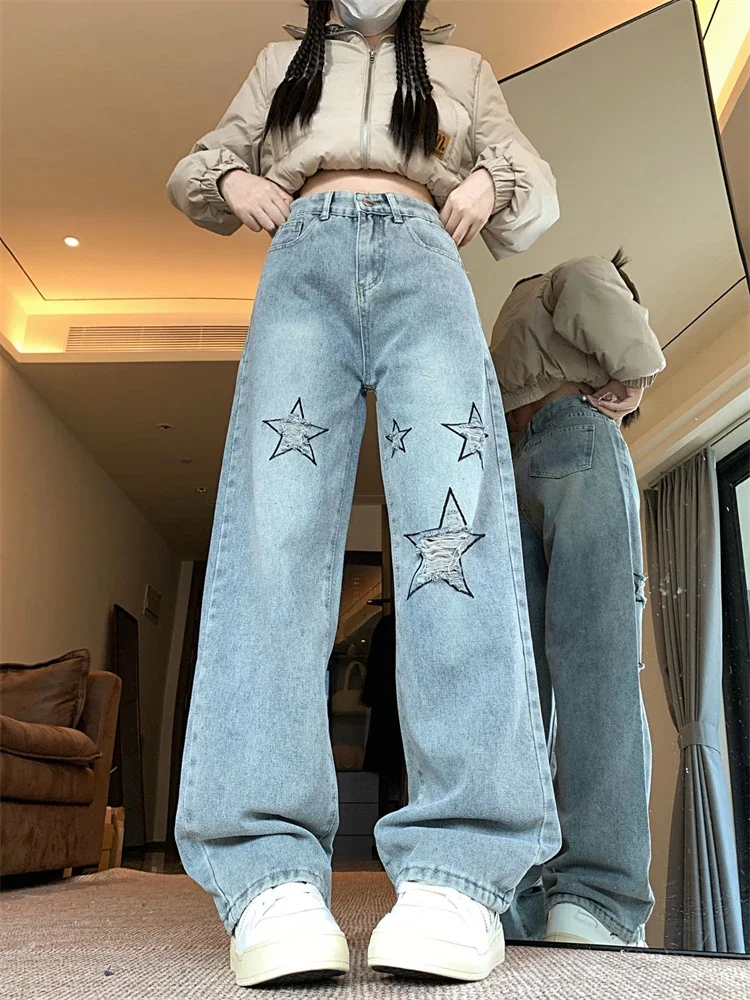 Women's Star Pattern Holes Blue Jeans Cool Girl Streetwear High Waisted Straight Vintage 90s Trouser Female Casual Denim Pants