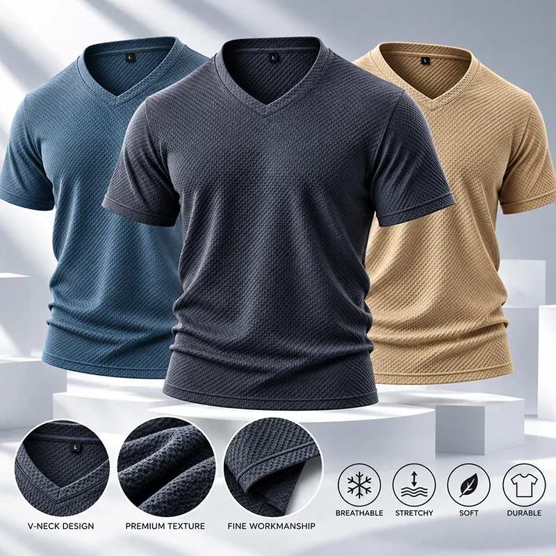 Mens V Neck Short Sleeve T Shirt Waffle Knit Texture Breathable Stretch Soft Casual Summer Solid Color Tee