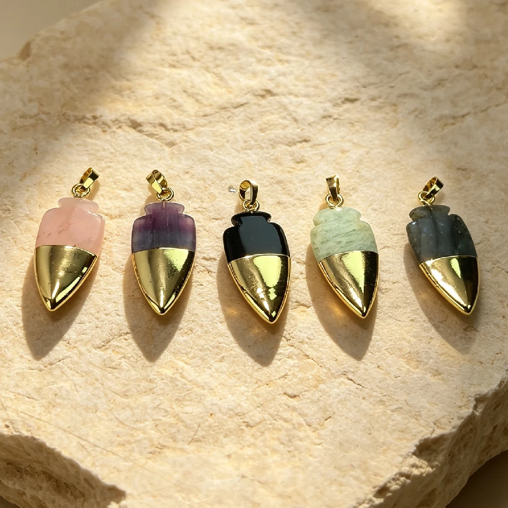1PC Arrow‑Head Natural Mineral Pendant Tip Metal Capped Ornament DIY Necklace Charm Golden Plated P2D1073