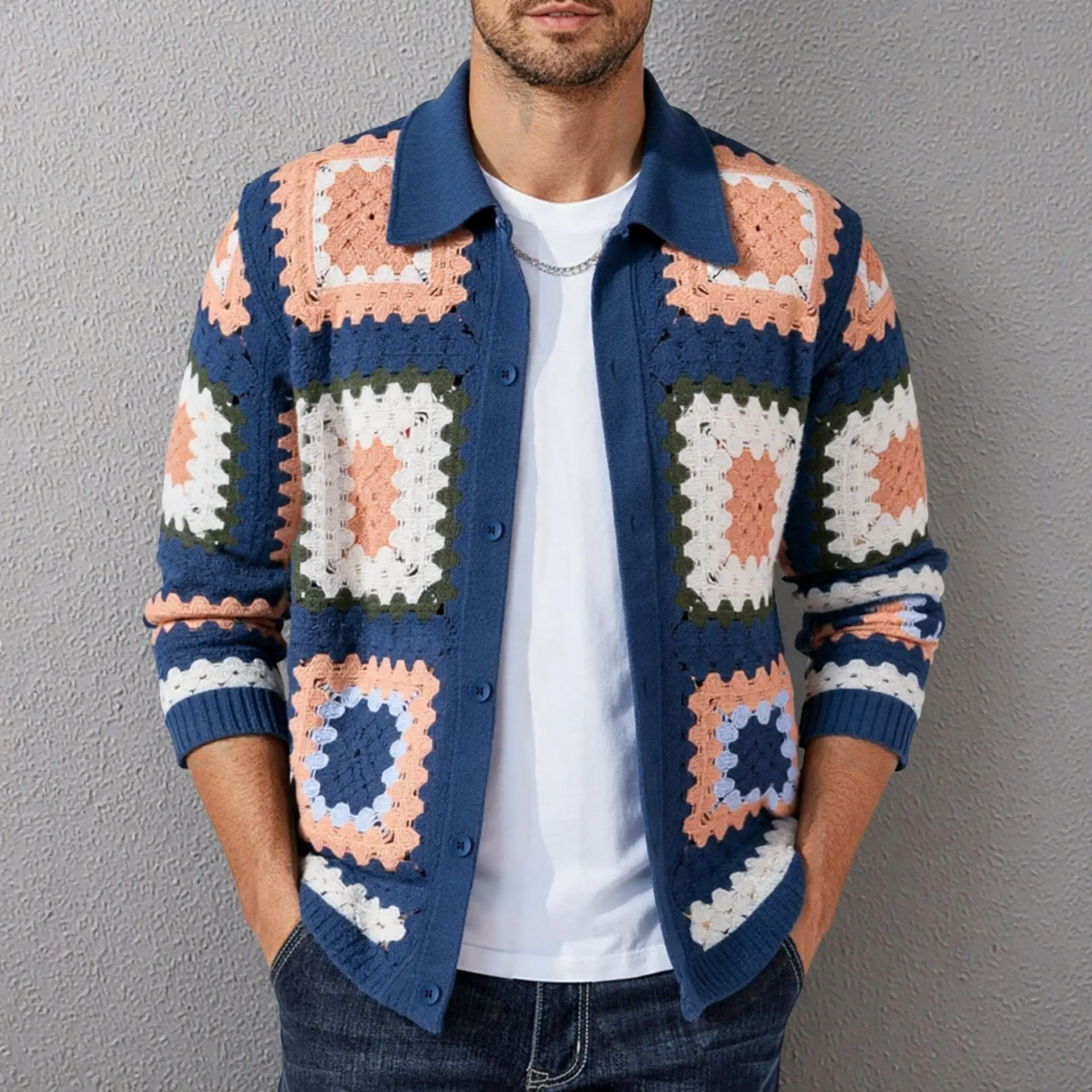 

Мужской весенне-осенний новый водорастворимый вязаный крючком свитер в стиле ретро, повседневная полая рубашка с длинными рукавами