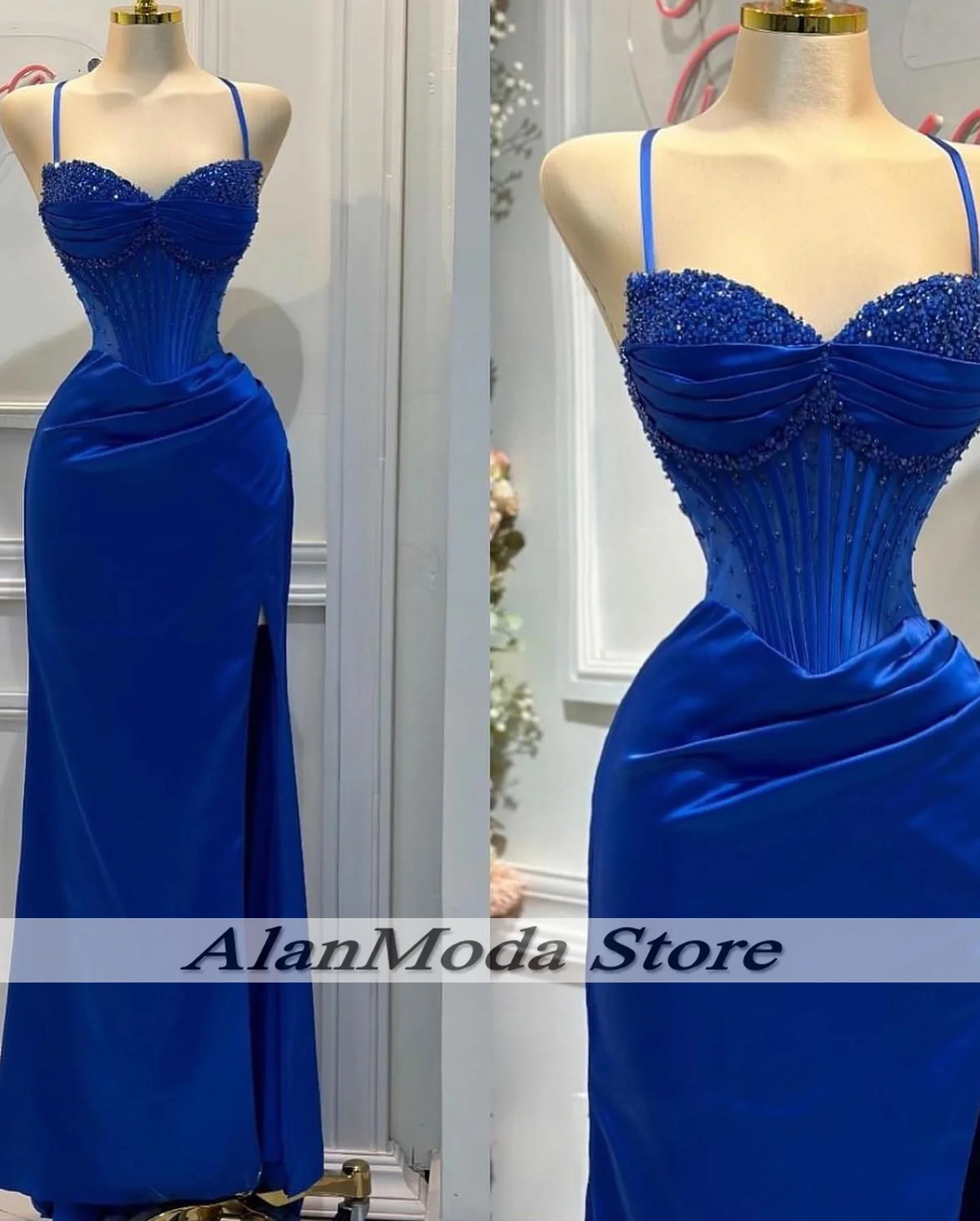 Customized Royal Blue Evening Dresses Beading Spaghetti Straps Mermaid Prom Dress Formal Occasion Women Split Party Gowns