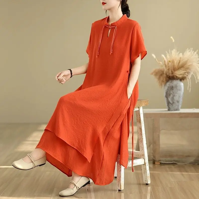 Vestido longo feminino retrô de linho e algodão, gola dupla camada, manga curta, estilo chinês, linha a, vestidos brancos de verão