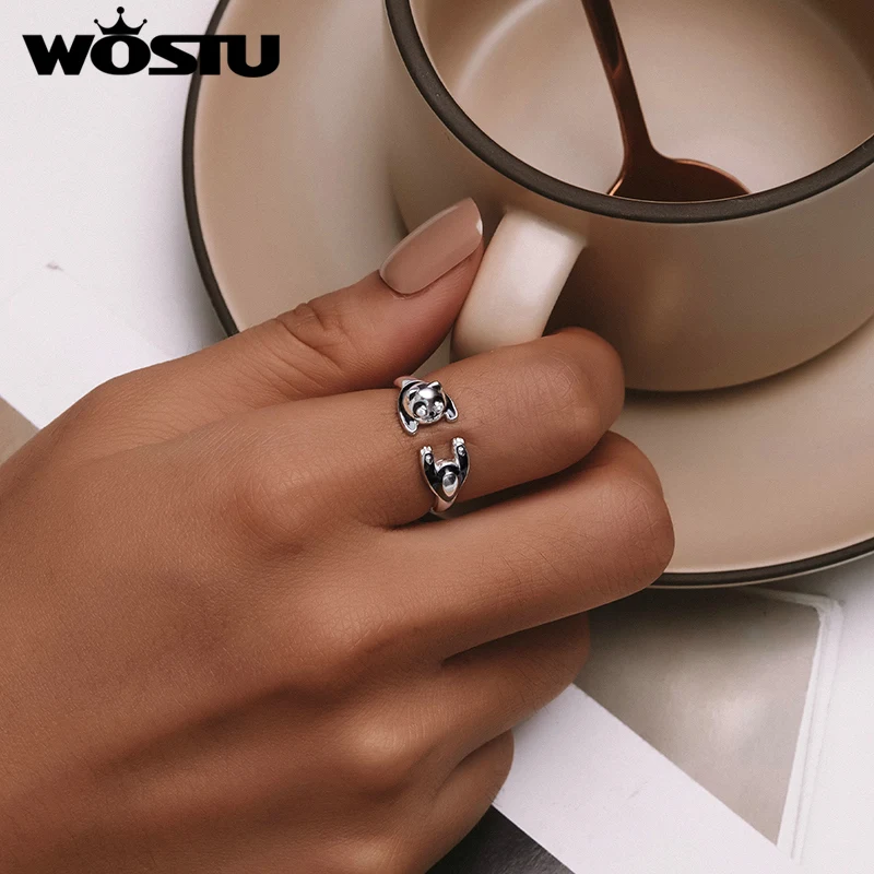 WOSTU 925 Sterling Silver Black&White Panda Open Rings Women Unique Jewelry Cute Chinese Pandas Animal Ring Girl Birthday Gift