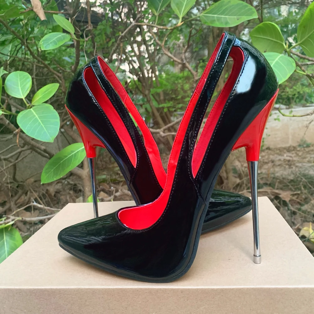 Pompa desain mode dalam merah hitam bersinar 16cm stiletto hak tinggi logam ekstrem sepatu kustom Model foto Fetish seksi