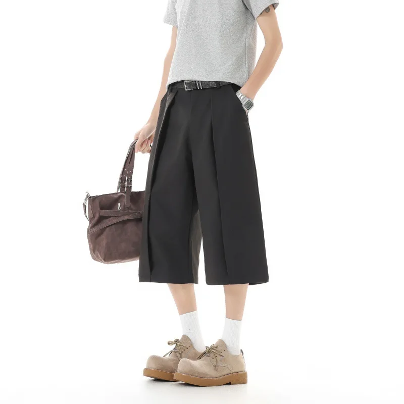 Summer Men's American Retro Baggy Wide Leg Shorts Casual Loose Short Pants Streetwear Fashion Capri Pants Asian Size
