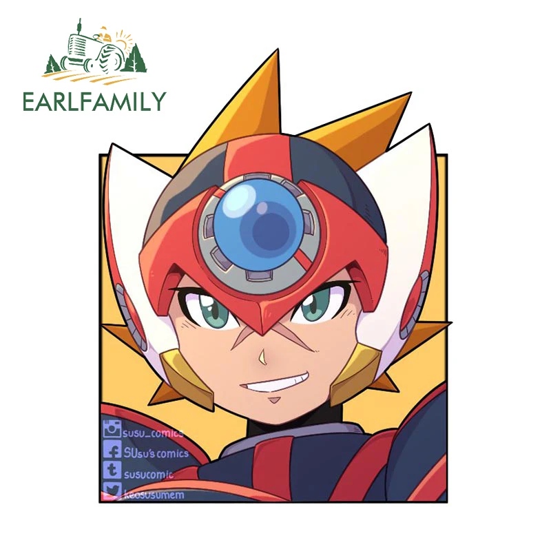 EARLFAMILY 13cm for Mega Man Cartoon Car Sticker Occlusion Scratch Surfboard Caravan Decal Waterproof Humorous Car Accessories