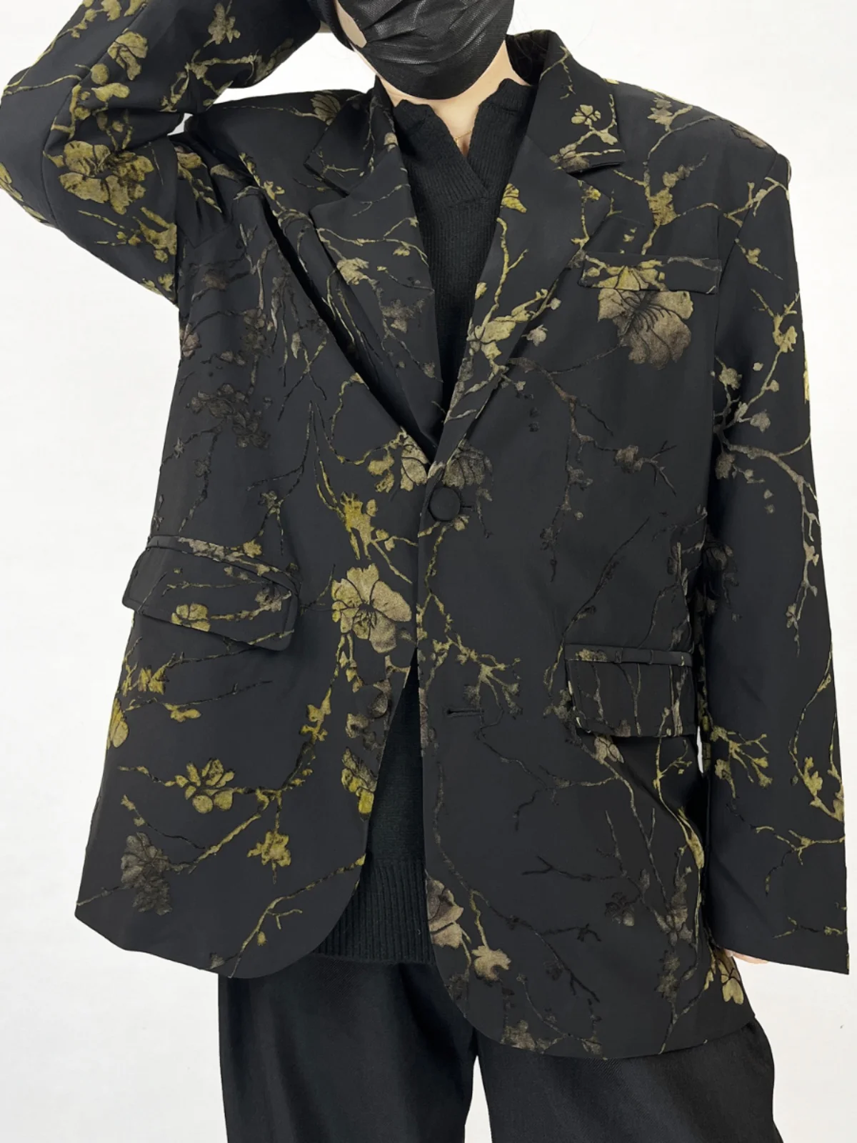 2025 Spring New Suit Jacket Men's Chinese Design Flower Over Size Men's Trendy Loose Long Sleeve Blazers Male Small Suit Jackets