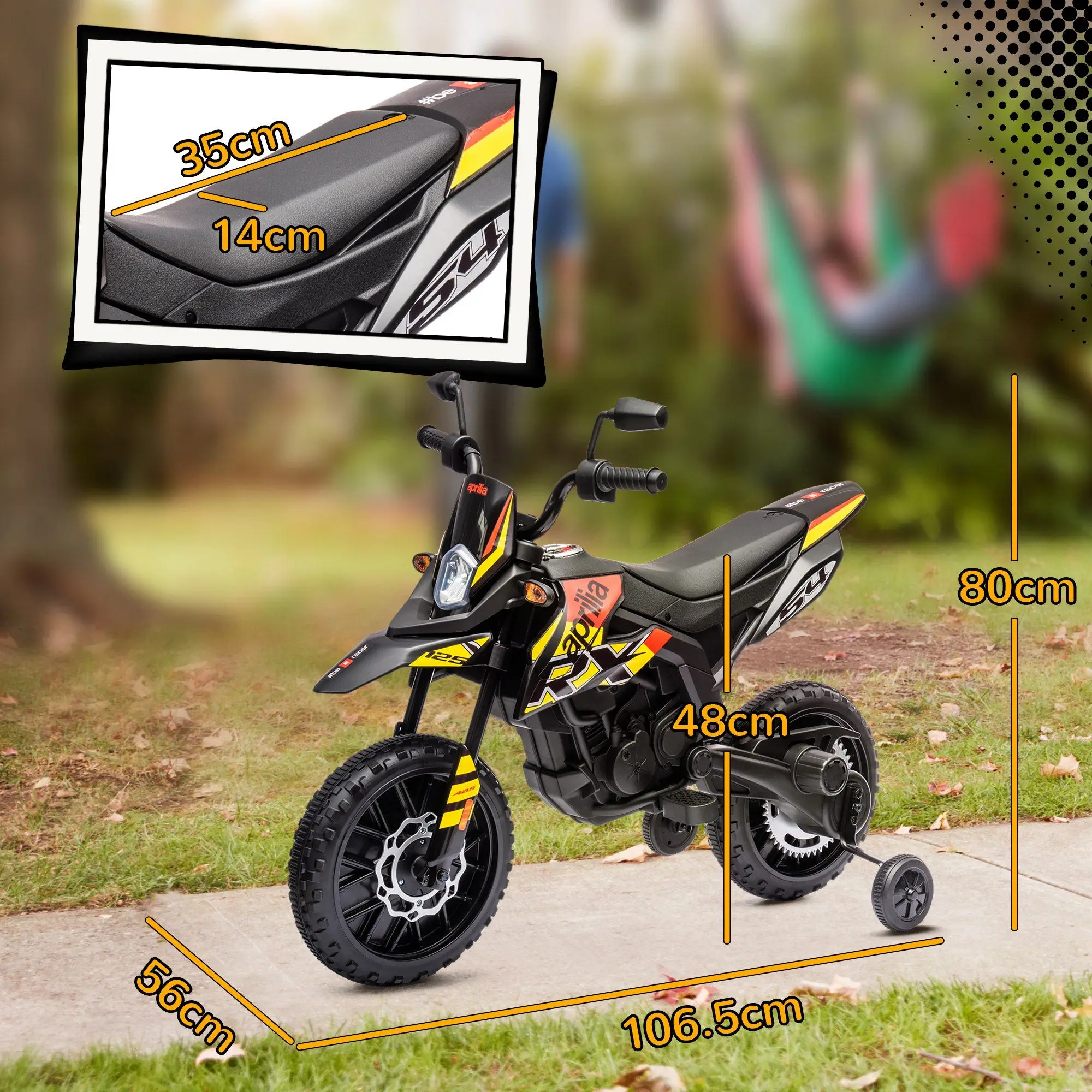 รถจักรยานยนต์เด็ก Qaba 12V, รถจักรยานยนต์ไฟฟ้าที่ได้รับอนุญาตของ Aprilia สําหรับเด็กที่มีล้อฝึกซ้อม, ระบบกันสะเทือนแบบสปริง, ไฟ LED, USB,