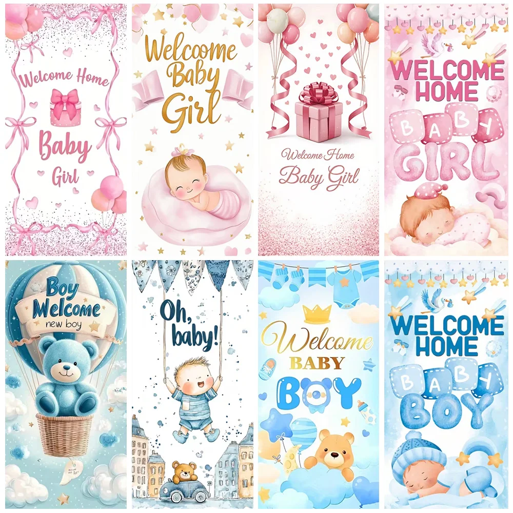 

Blue Pink Bear Backdrop Welcome Baby Girl Boy Door Banner Newborn Baby Welcome Party Decorations Baby Shower Supplies Photo Prop