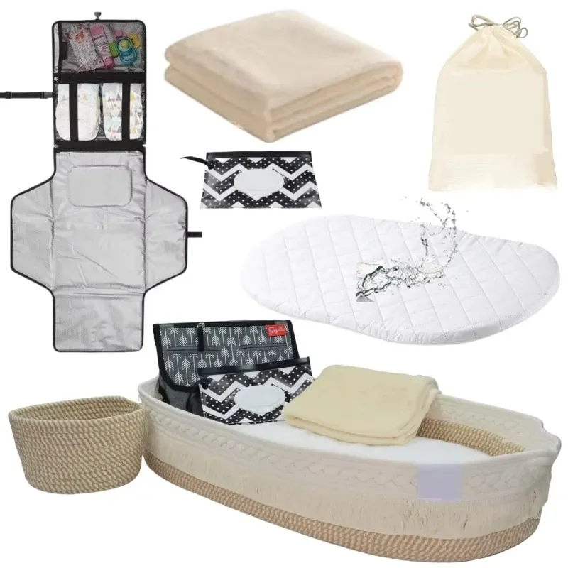 Baby Changing Basket, Moses Diaper Bassinet with foam pad with  2 waterproof coversCotton Rope storage Basket