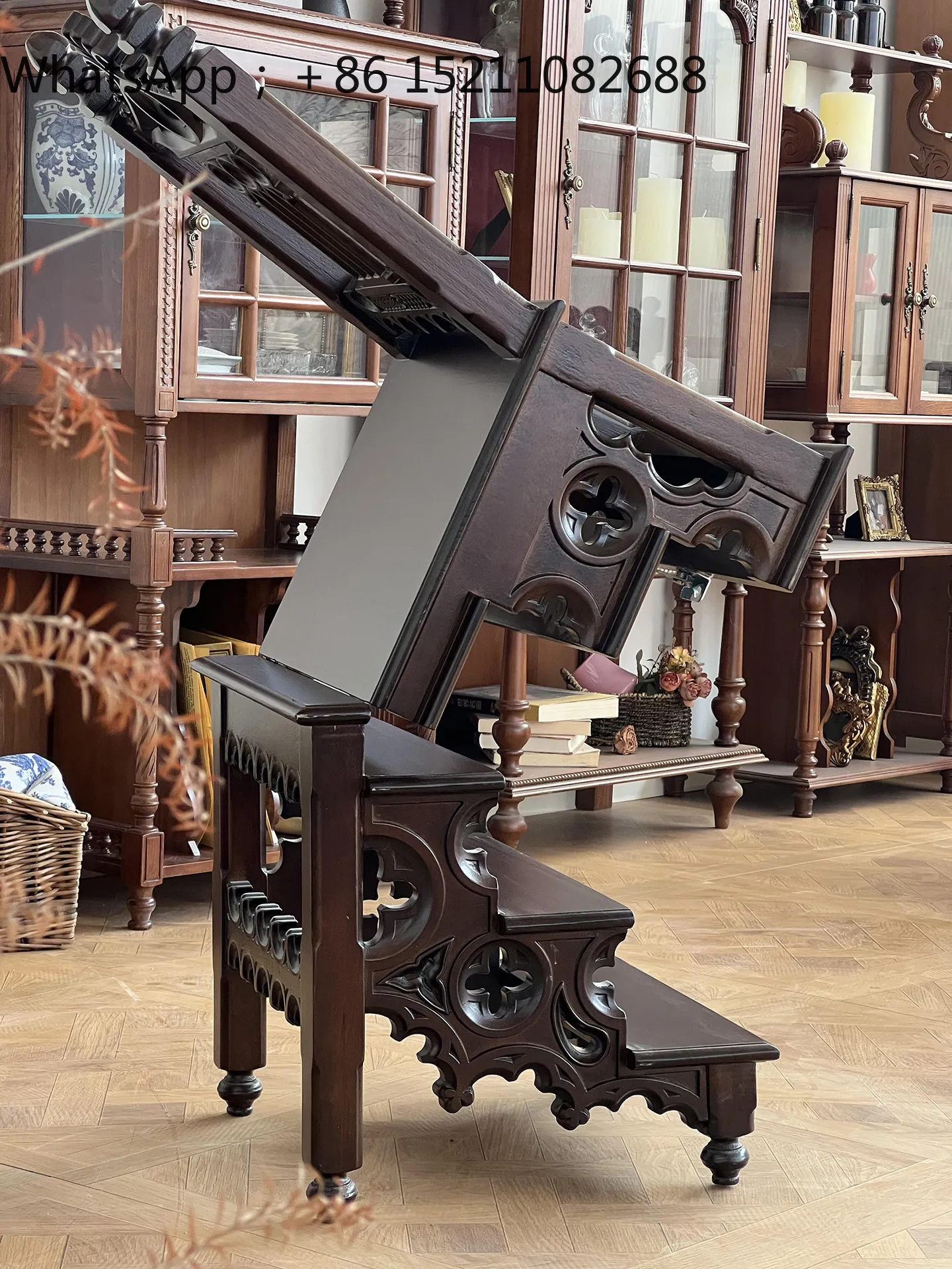 LLY medieval solid wood chair foldable carved multi-functional small apartment family step ladder retro dining chair