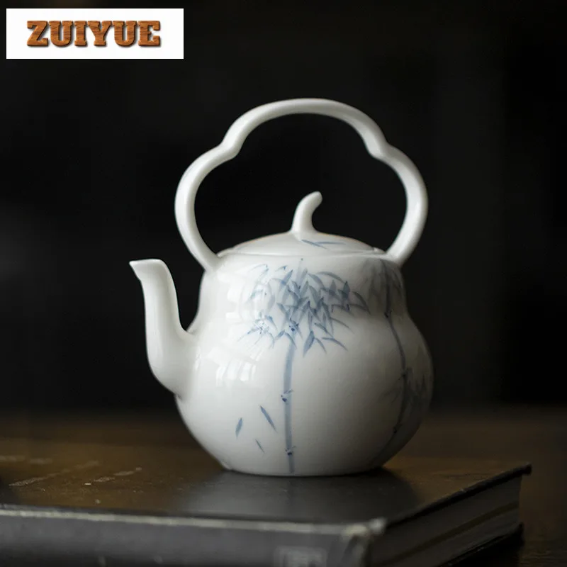 

150 мл белый фарфоровый чайник с петлей, ручная роспись, бамбуковый чайник с фильтром, бутик-горшок, чайник, посуда, поделки