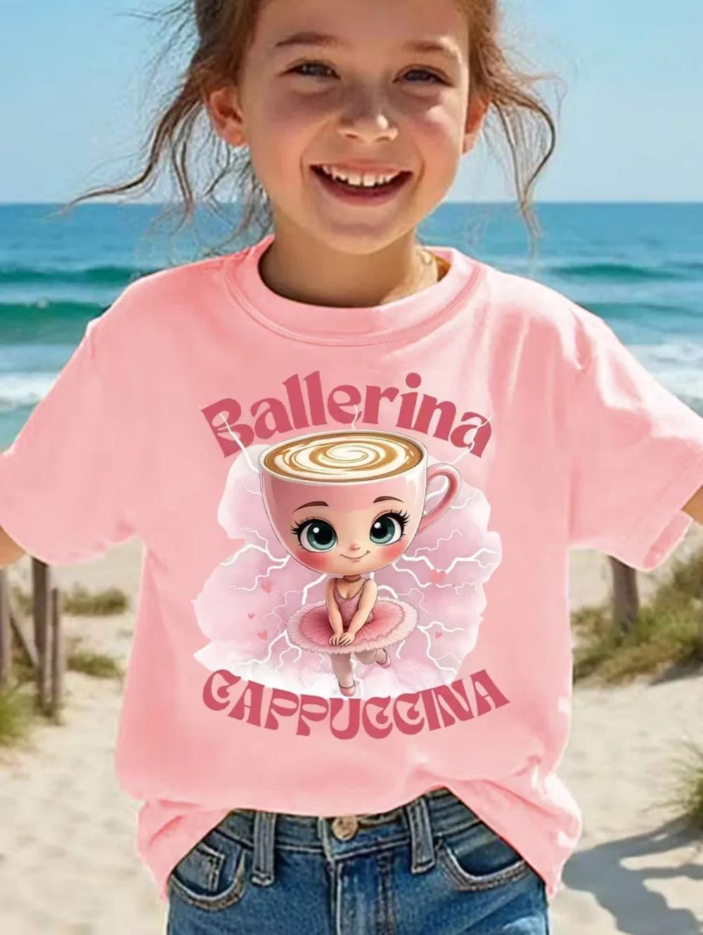 Mädchen-T-Shirt aus reiner Baumwolle, kurzärmeliges Cappuccino-Oberteil im italienischen Stil mit einer niedlichen und lustigen Tier-Ballerina, perfekt für den Sommer