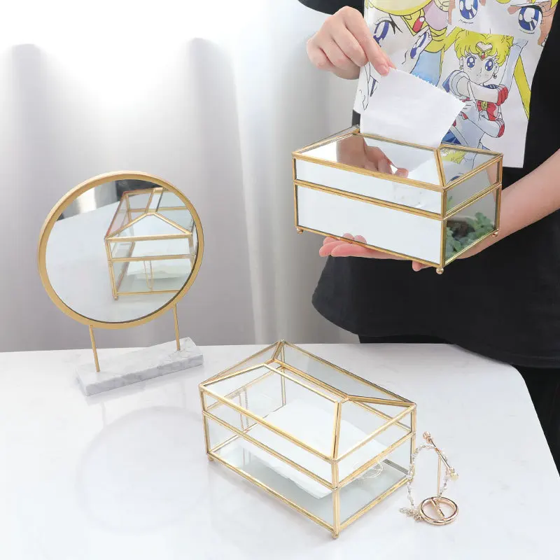 European Style Glass Tissue Box Holder Luxury Handkerchief Toilet Paper Holder Tissue Case Storage Box Living Room Decor ZC85