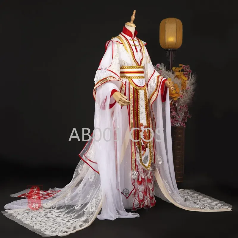 Tian Guan Ci Fu Xie Lian Tai Zi Yue Shen Platinum Peacock Cosplay Costume Ancient Hanfu Dress Halloween Party Wig Fan Shoes Prop