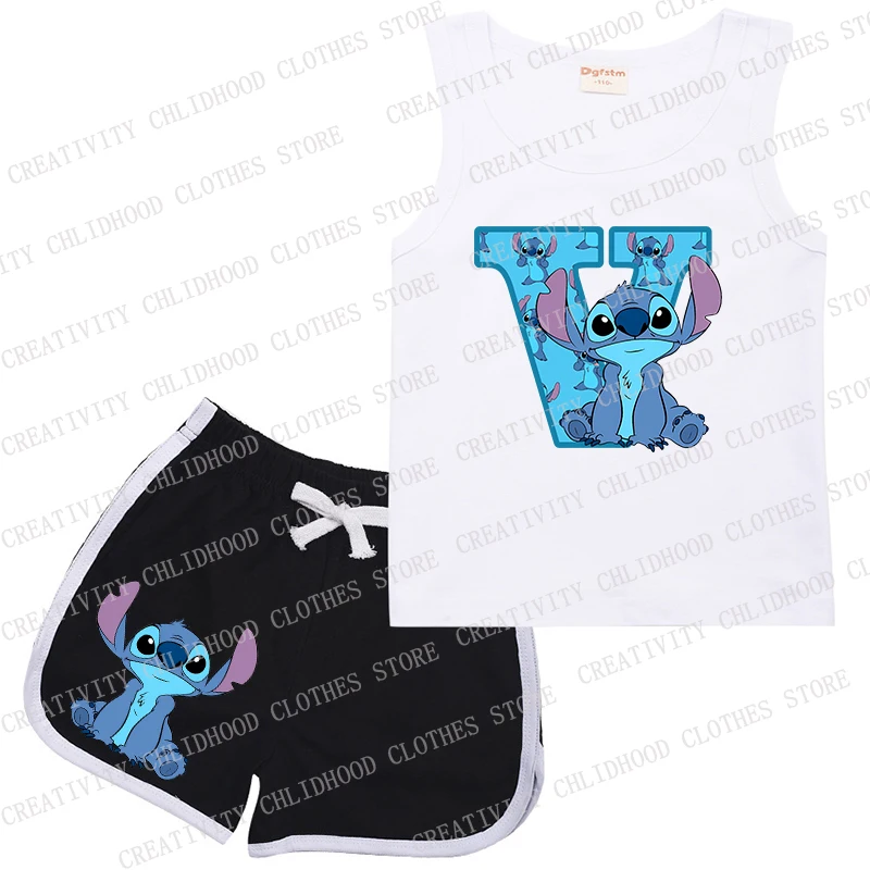 Stitch Children Sports Suit Disney Letter A B C D Kids Girl Boy Vest & Shorts Casual Clothes Kawaii Cartoons Sleeveless Sets