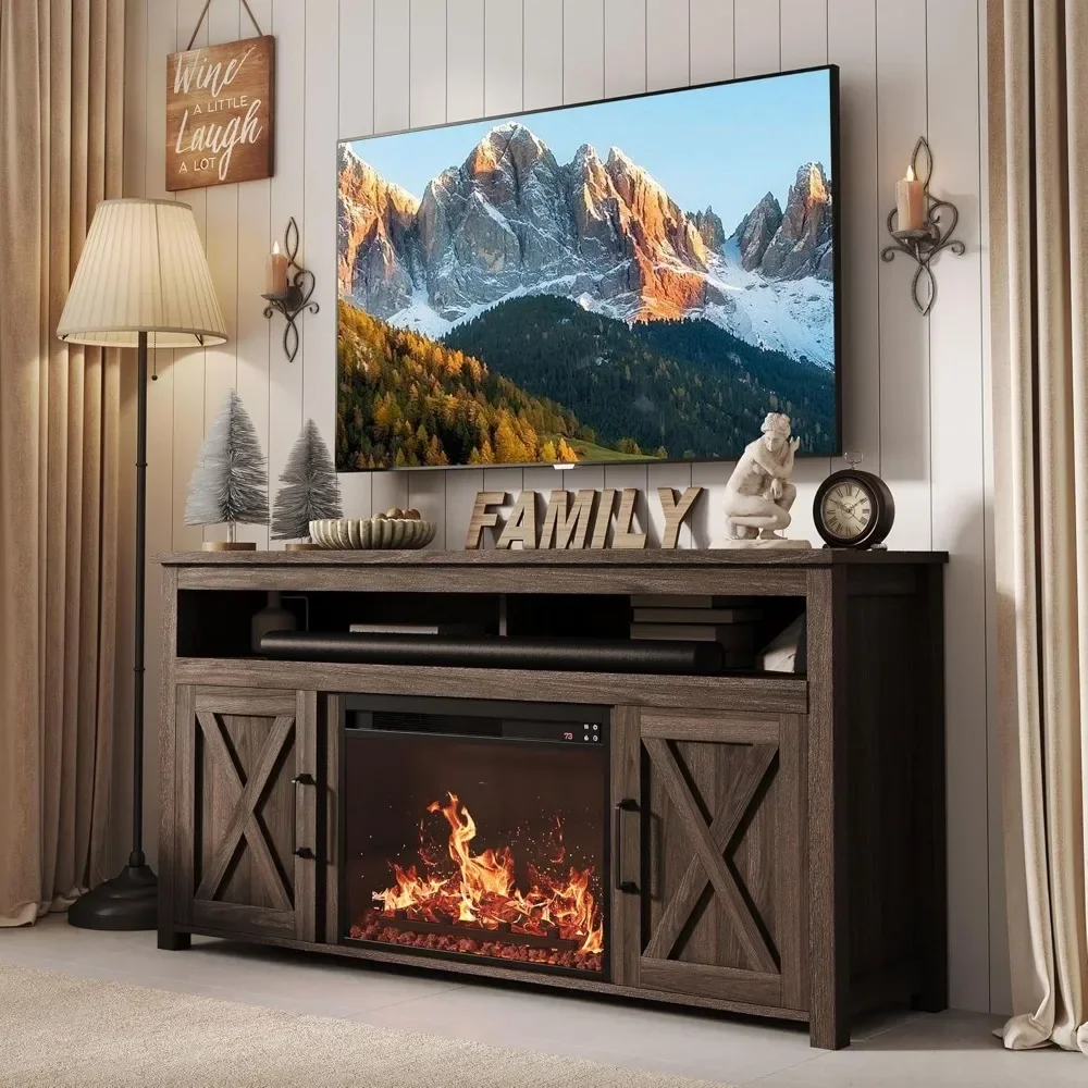 

Barn Door Wood Electric Fireplace TV Stand for TVs up to 65 Inches Open Shelves and Cabinets Media Entertainment Center Console