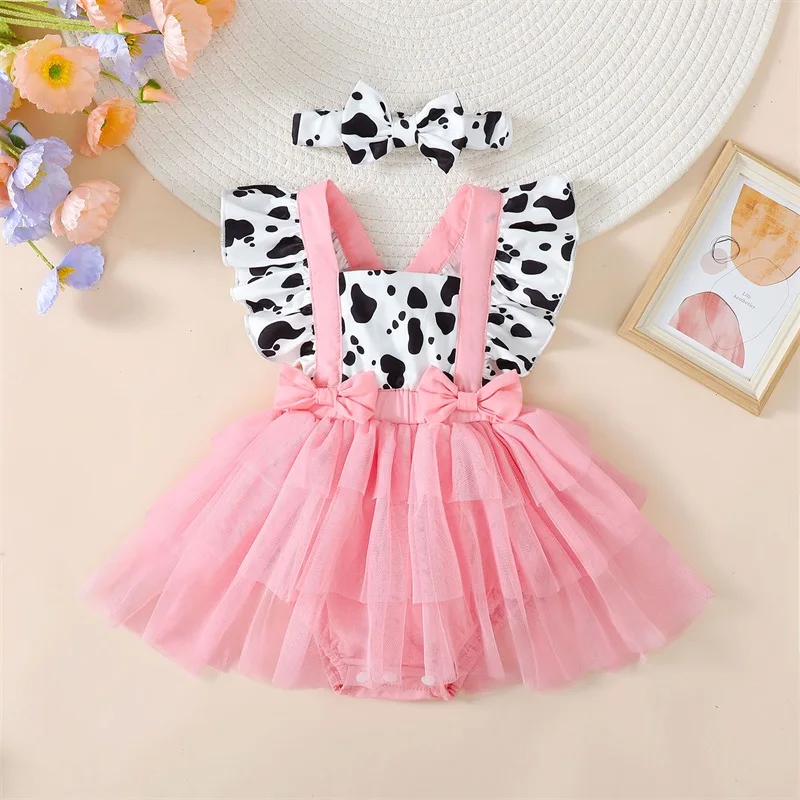 

SUNSIOM 2Pcs Baby Girls Summer Romper Dress Flying Sleeve Cow Print Tulle Patchwork Romper with Headband Outfit