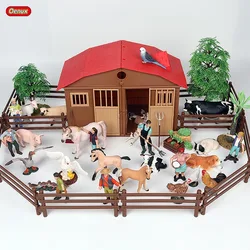 Oenux Zoo Farm House Model Action Figures Farmer Cow Hen Duck Poultry Animals Set Figurine Miniature Lovely Educational Kids Toy