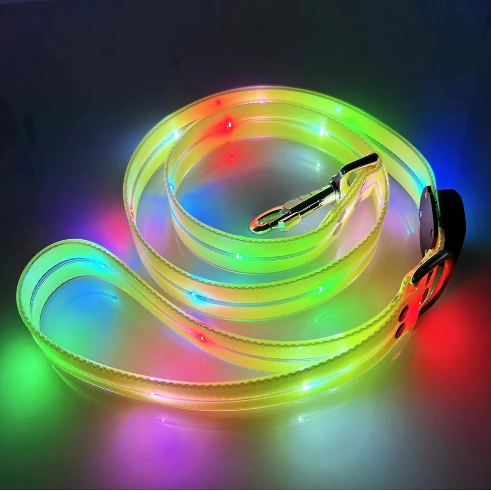 Light Up Dog Leash With Collar Set Waterproof PVC Rope USB Rechargeable Glow In The Dark Visiable Safety Night Walking