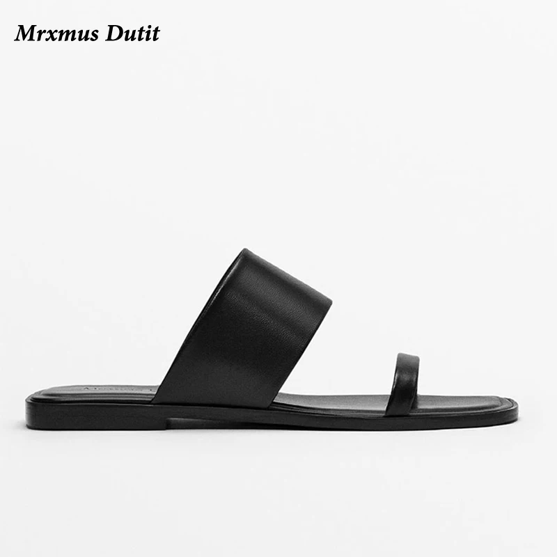 Mrxmus Dutit 2024 New Summer Fashion Genuine Leather Open Toe Flat Sandals Women Slippers Solid Simple Casual Beach Shoes Female