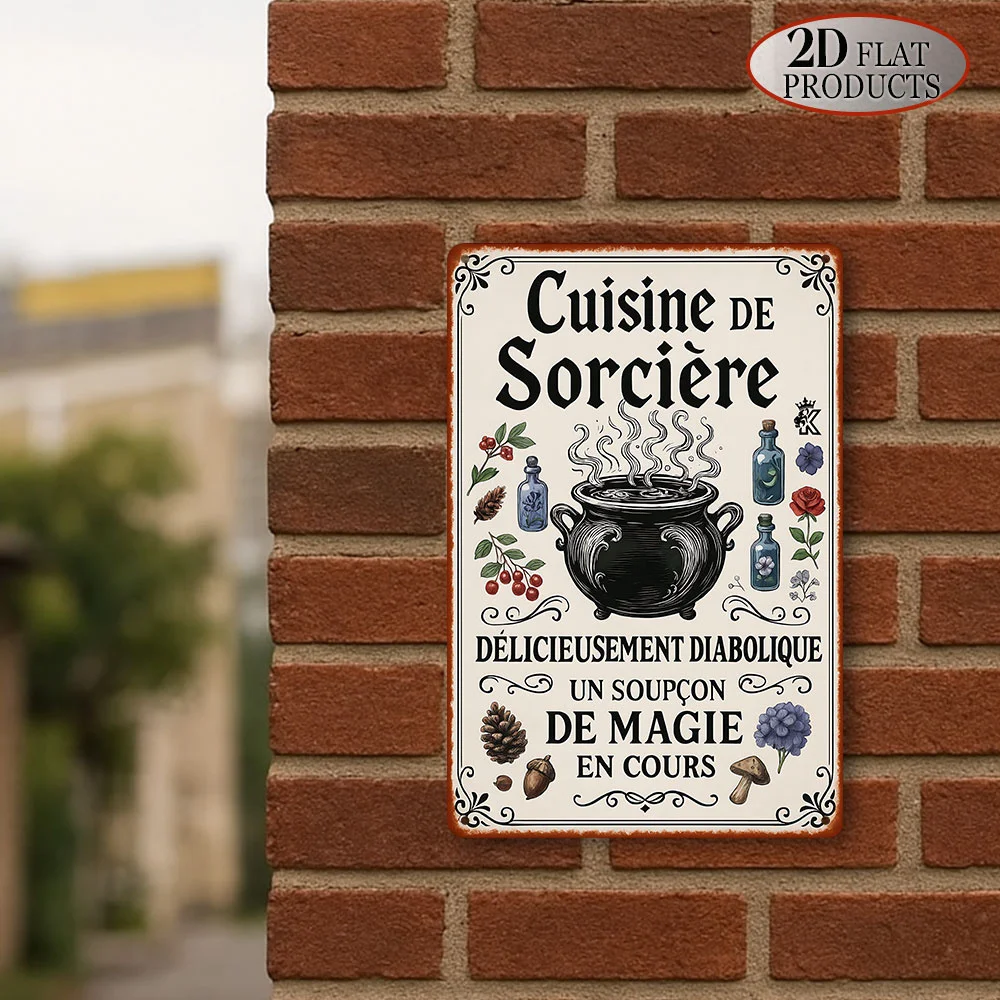 Vintage Gothic Hexe Küche Metall Blechschild – Französisches kulinarisches Zauberposter – Halloween-Dekor, Café, Heimküchendekoration