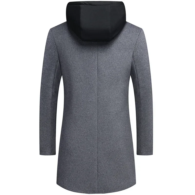 2024 New Men Wool Coat Casual Warm Winter Wool Coat Casual Woolen Coat Mid-length Detachable Hat