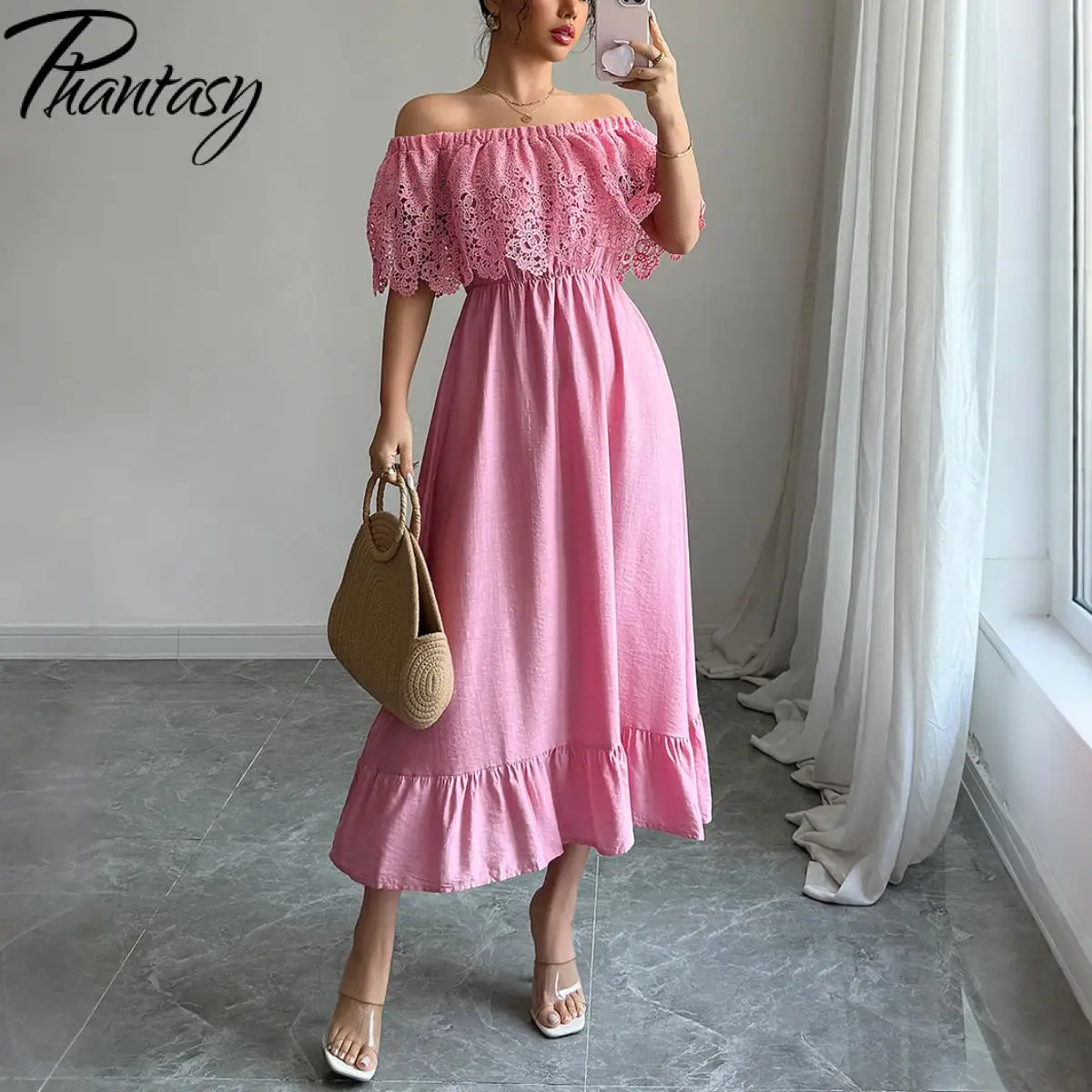 Moda coreana elegante tinta unita increspato spalle scoperte abito da festa abiti con cintura stile Boho Robe Femme Vestidos