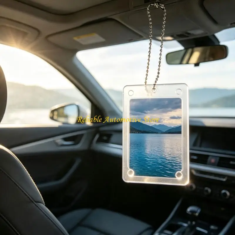 M68B Clear Acrylic Car Photo Display Holder with Hanging Chain, Sunshade Hanging Picture Frame for Notes, Photos, and
