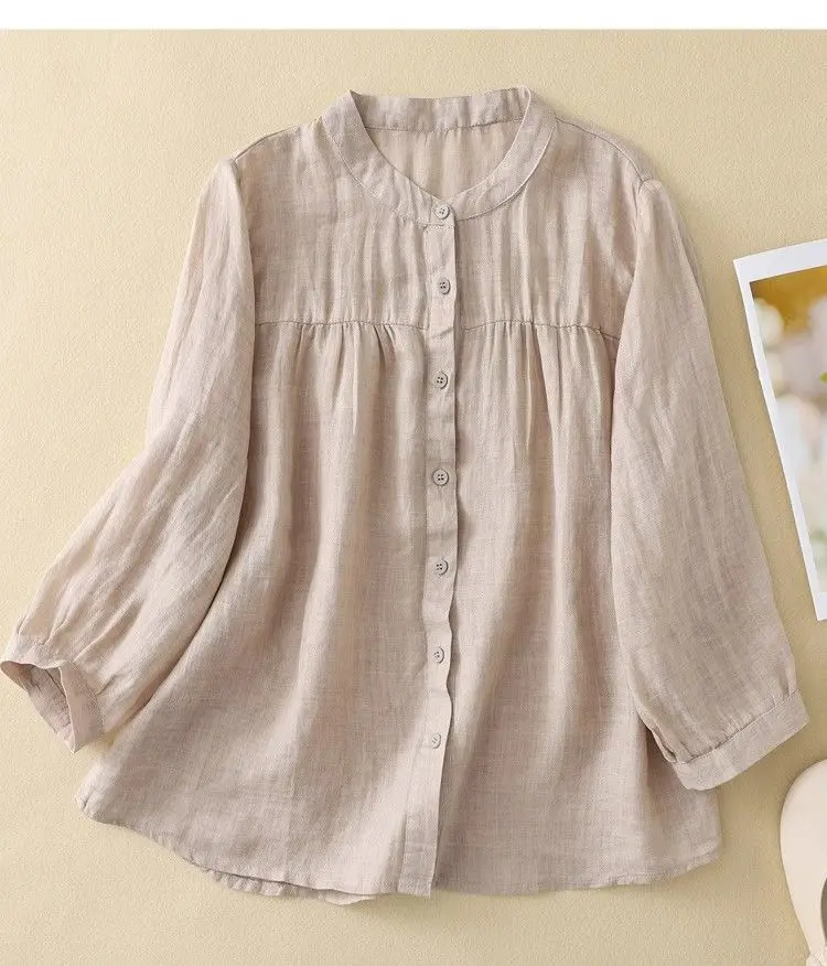 Versatile Slimming Casual Lightweight Cotton Linen Three Quarter Sleeved Shirt for Women's Summer Fashion Top
