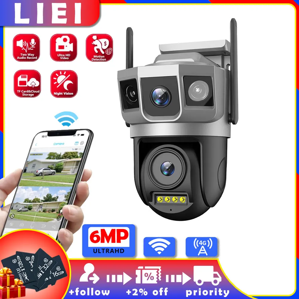 

LIEI 4K 6MP WIFI/4G PTZ Camera Outdoor Dual Lens Dual Screen AI Auto Tracking IP security Camera CCTV Audio Video Surveillance