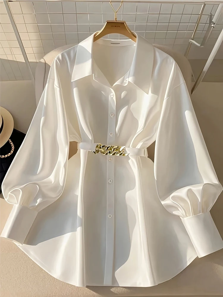 Plus-Size French-Style Fitted Shirt: White Shirt with Adjustable Waistband, Elegant Long Sleeves, Perfect for the Fall Workplace image 2
