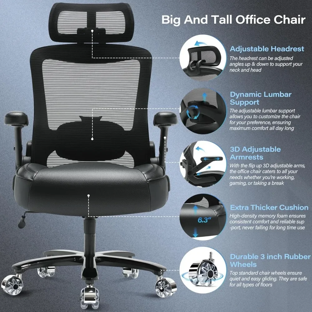 Big and Tall Office Chair 500lbs- Ergonomic Mesh Desk Chair with Adjustable Lumbar Support Headrest 3D Flip Up Arms Metal Base