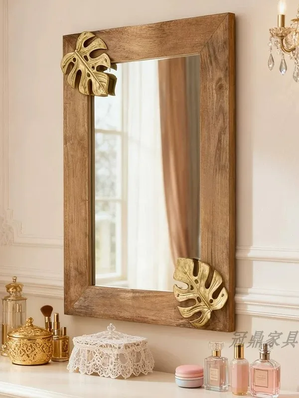 Hotel Decoration Wall-Mounted High-definition Art Mirror French Retro Style Wooden Frame Bathroom Make-Up Mirror Customization