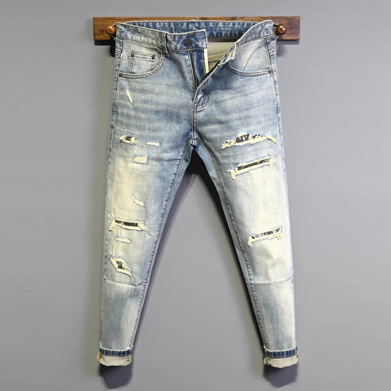 

Street Designer Fashion Men Jeans Retro Washed Blue Stretch Slim Fit Hole Patched Ripped Jeans Men Hip Hop Vintage Denim Pants