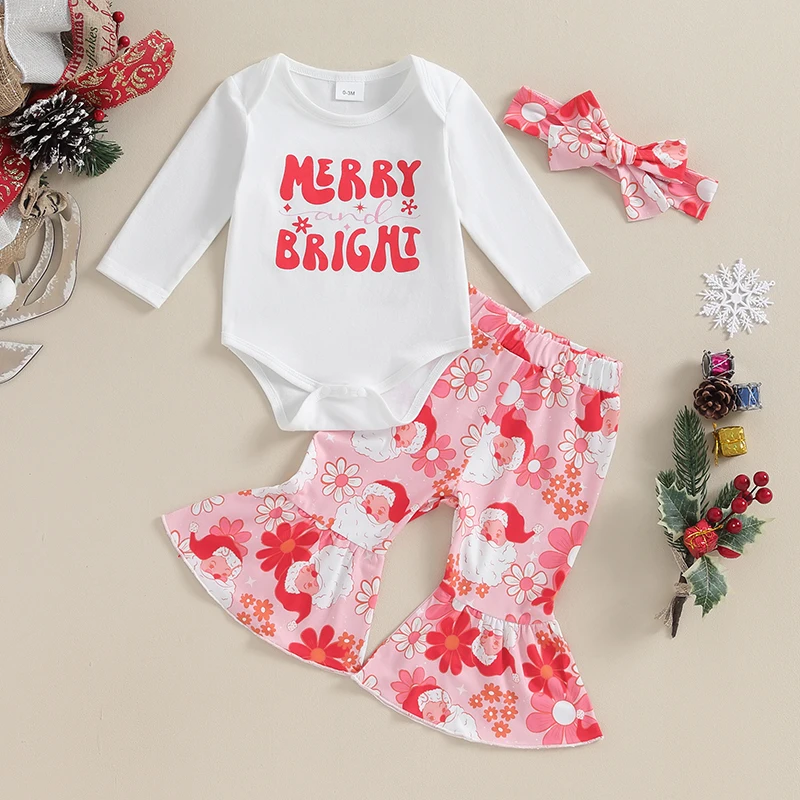 Newborn Baby Girl Christmas Outfit Long Sleeve Ruffle Romper  Cookie Milk Flared Pants Headband Set