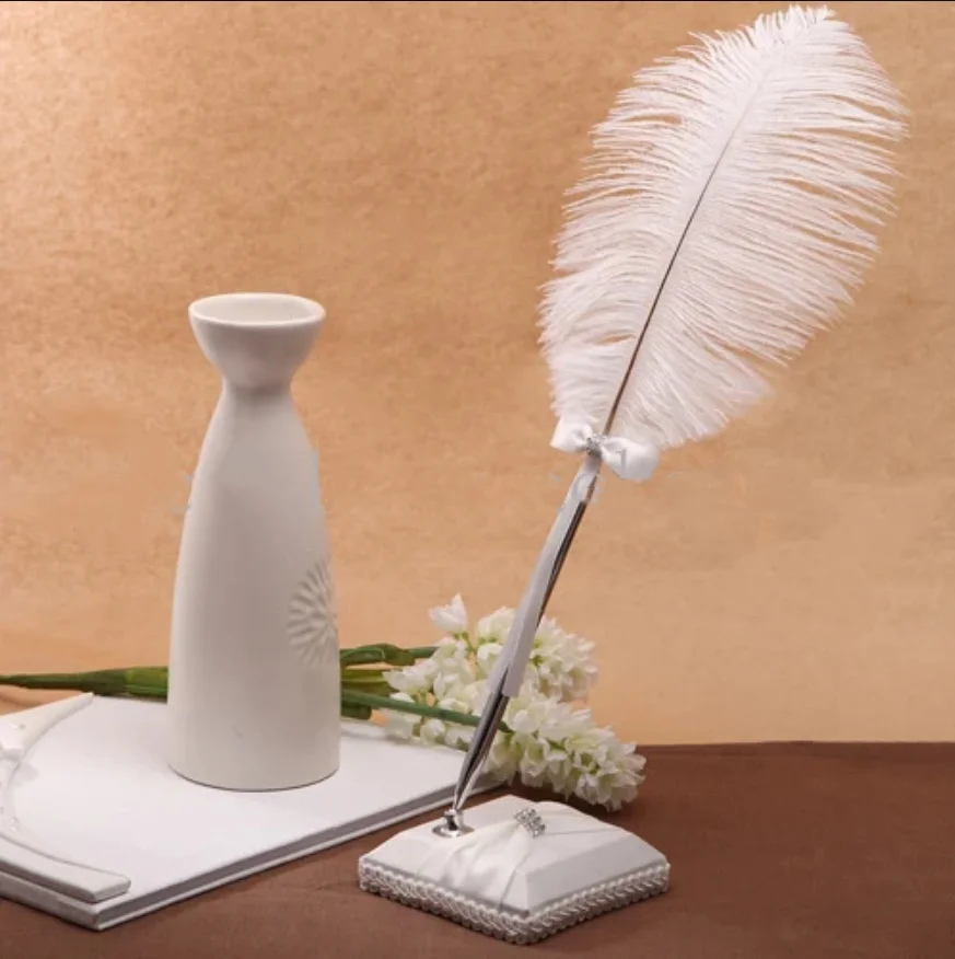 Ballpoint pen wedding birthday gift 35cm feather pen with stand ostrich wool pen holder for wedding free shipping