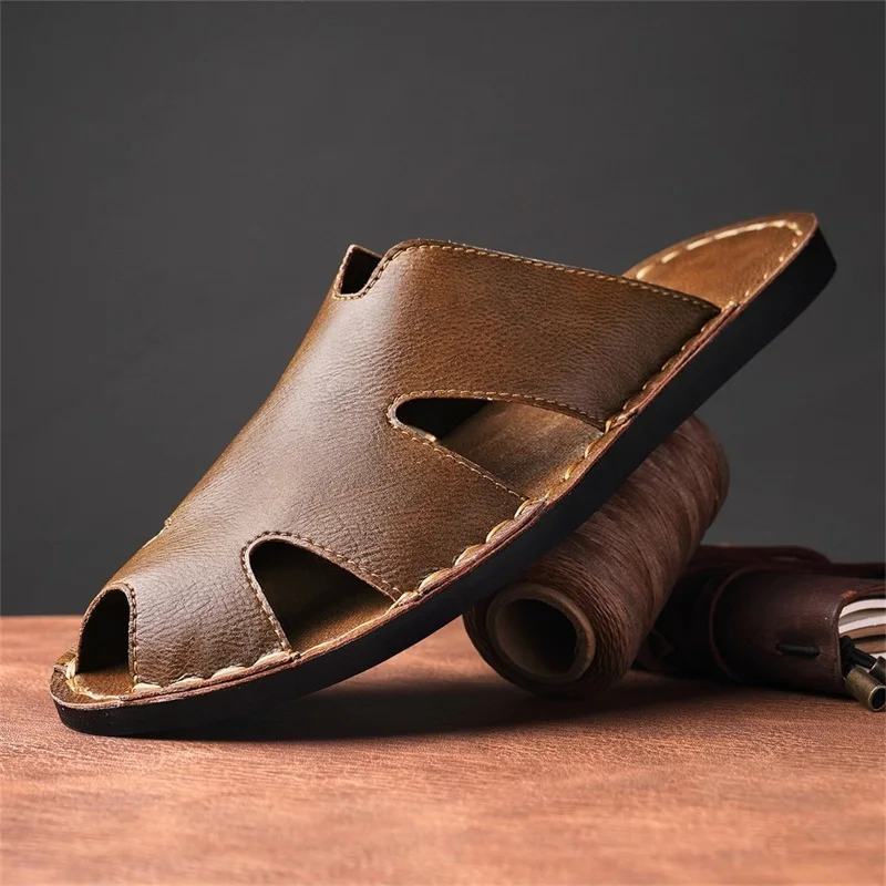 

Мужские тапочки высокого качества, мужские сандалии из натуральной кожи, летняя противоскользящая пляжная обувь, повседневная обувь ручной работы, удобные шлепанцы