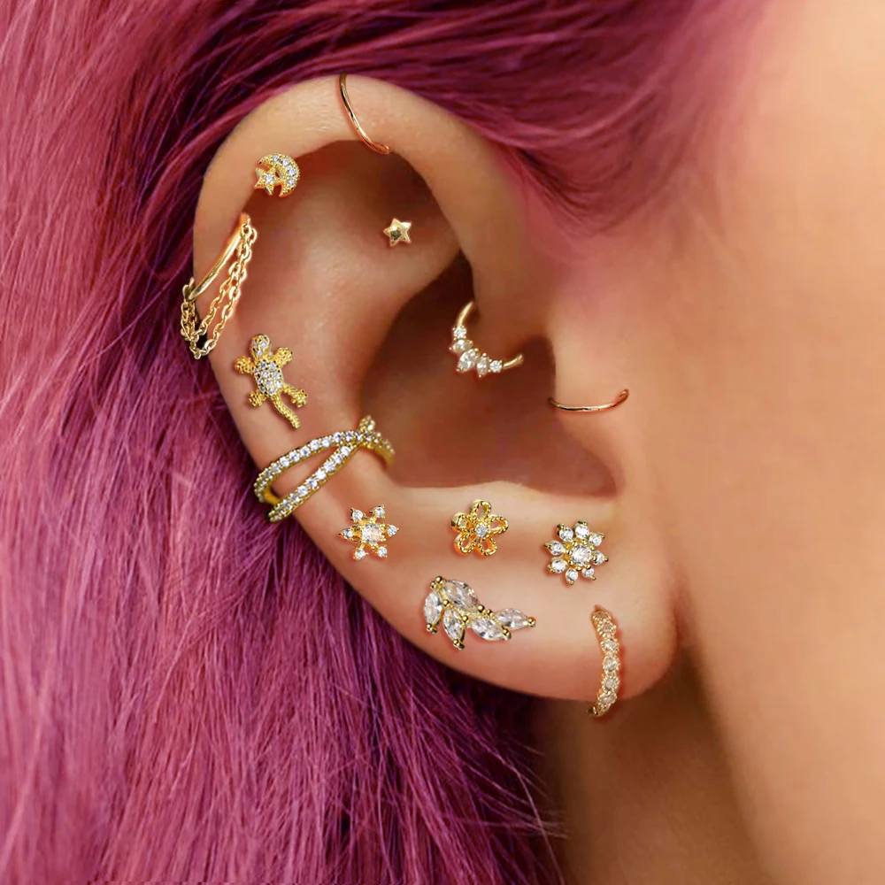 1pc Tragus kolczyki płatki śniegu kobiety Piercing koncha złoty kolor Helix Rook Lobe cyrkon chrząstki obręcz kolczyk Daith biżuteria prezent