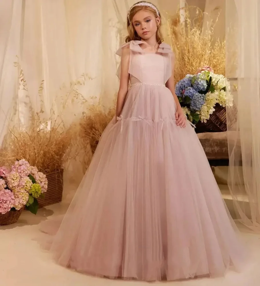 Vestido de niña de flores rosa claro con cuentas hasta el suelo de tul con lazos para boda, vestidos de fiesta de cumpleaños eucarísticos para niños