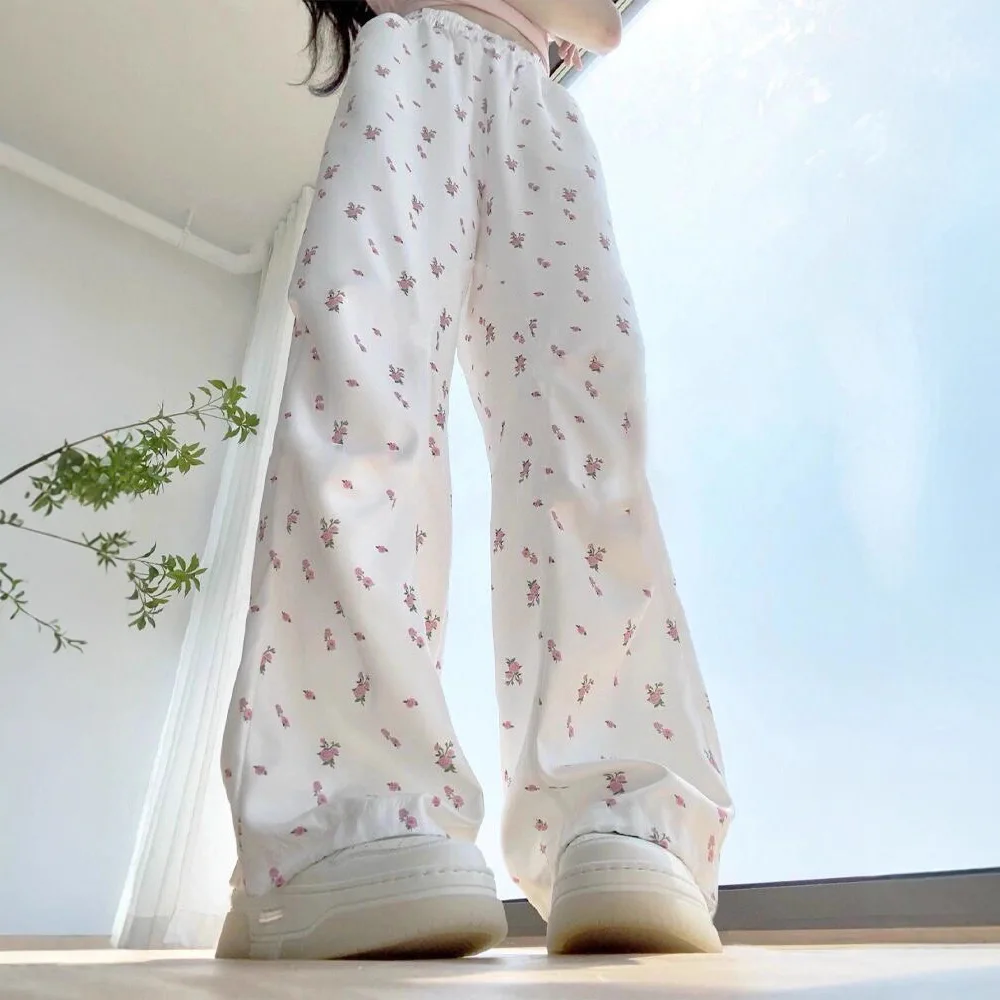 Japanese Sweet Girl Floral Casual Pants for Women Summer Korean Fashion Women's Loose Wide Leg Pants Sweatpants Streetwear